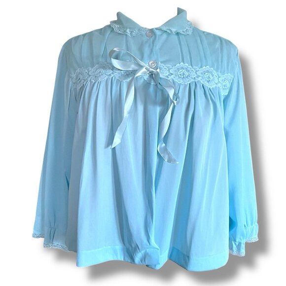 Vintage Blue Swan Womens Bed Jacket Sz Medium Sheer Nylon Lace Sissy Coquette - Picture 7 of 7